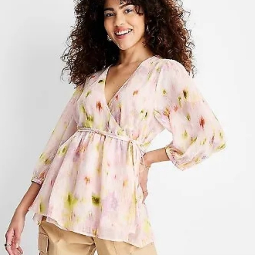 NEW Future Collective Women's Floral Print 3/4 Sleeve V-Neck Wrap Top Sz XL $30